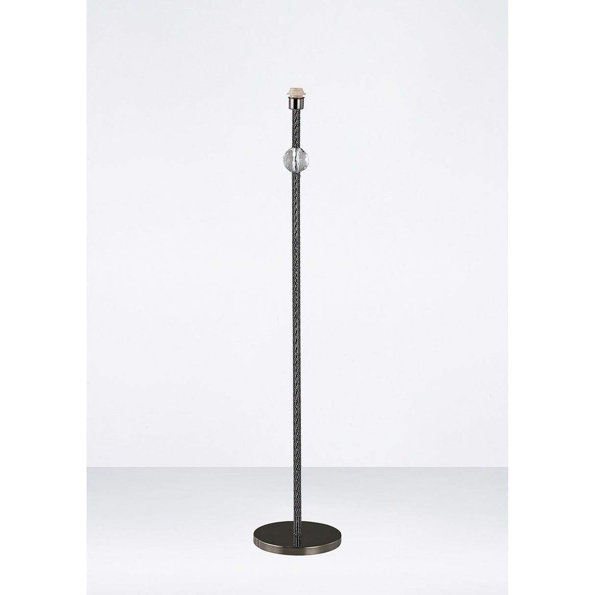 The Elena 1 Light Crystal Floor Lamp - Black (Without Shade) features a round black base, slender textured pole, decorative clear glass sphere midway up, and a bulb socket on top, shown against a white background.