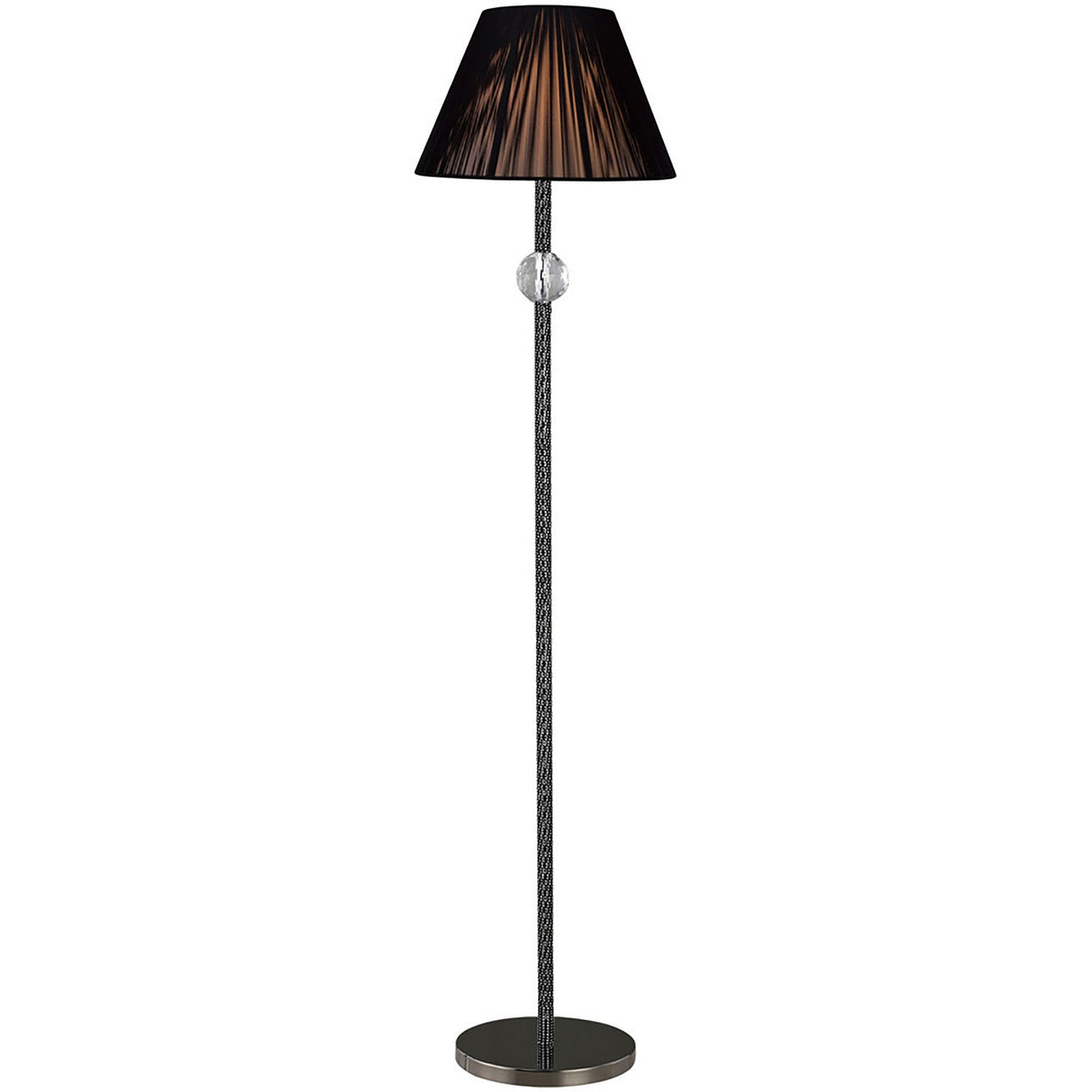The Elena 1 Light Crystal Floor Lamp features a slim textured metal stand with a decorative clear glass sphere and a round base in black—modern style without shade, perfect for any stylish space.