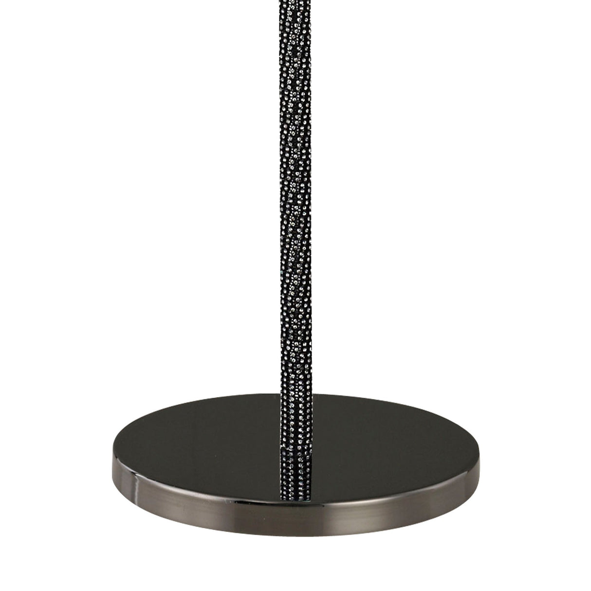 A close-up of the Elena 1 Light Crystal Floor Lamp - Black (Without Shade), featuring a round reflective black base and a vertical pole wrapped in textured black-and-white patterned material.