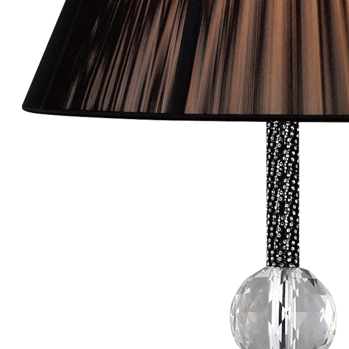 A close-up of the Elena 1 Light Crystal Floor Lamp - Black (Without Shade) featuring a decorative stem with black and silver beads and a clear faceted crystal sphere at the base.