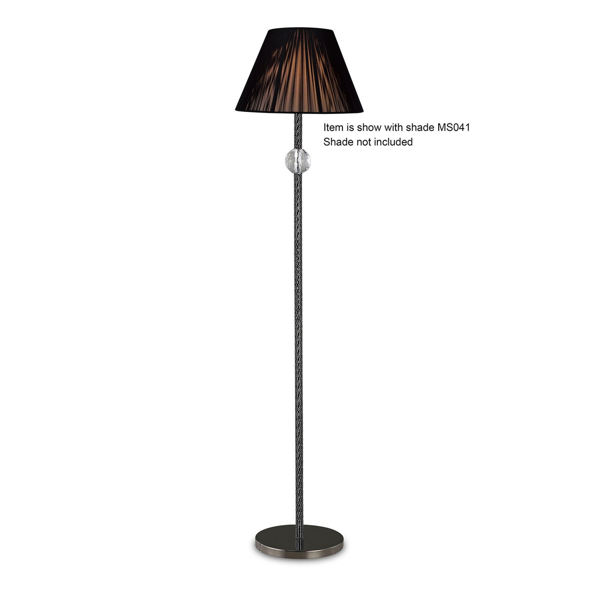 The Elena 1 Light Crystal Floor Lamp - Black (Without Shade) features a round base, slender textured pole, and decorative clear sphere below the socket, blending elegance and modern style. Shown with a pleated black shade (not included).