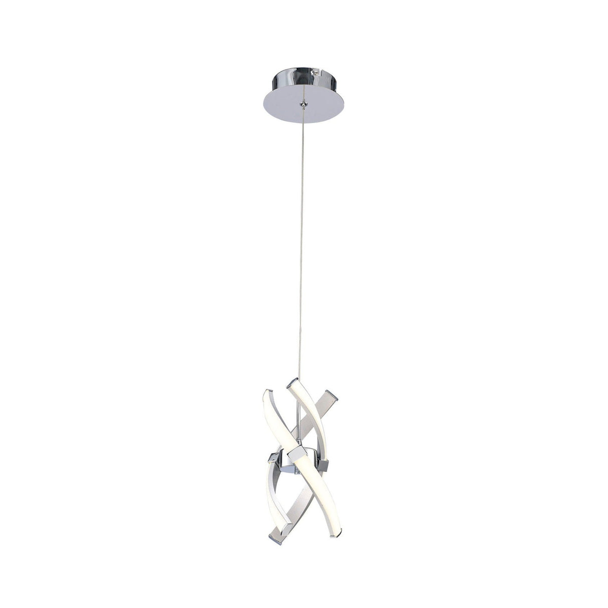 Mantra Espirales LED pendant light with a spiralling silver metal frame, polished chrome accents and frosted white diffuser, on a plain white background.