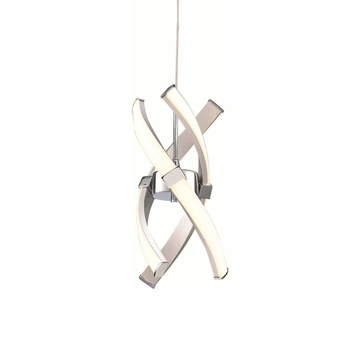 Mantra Espirales LED pendant light with intersecting silver curved arms, frosted white diffusers and polished chrome accents on a white background.