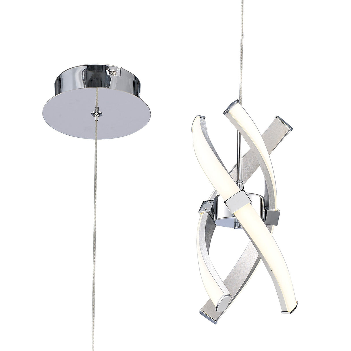 Mantra Espirales LED pendant light with spiralling silver metalwork, polished chrome accents and frosted white diffuser, shown with chrome ceiling rose.
