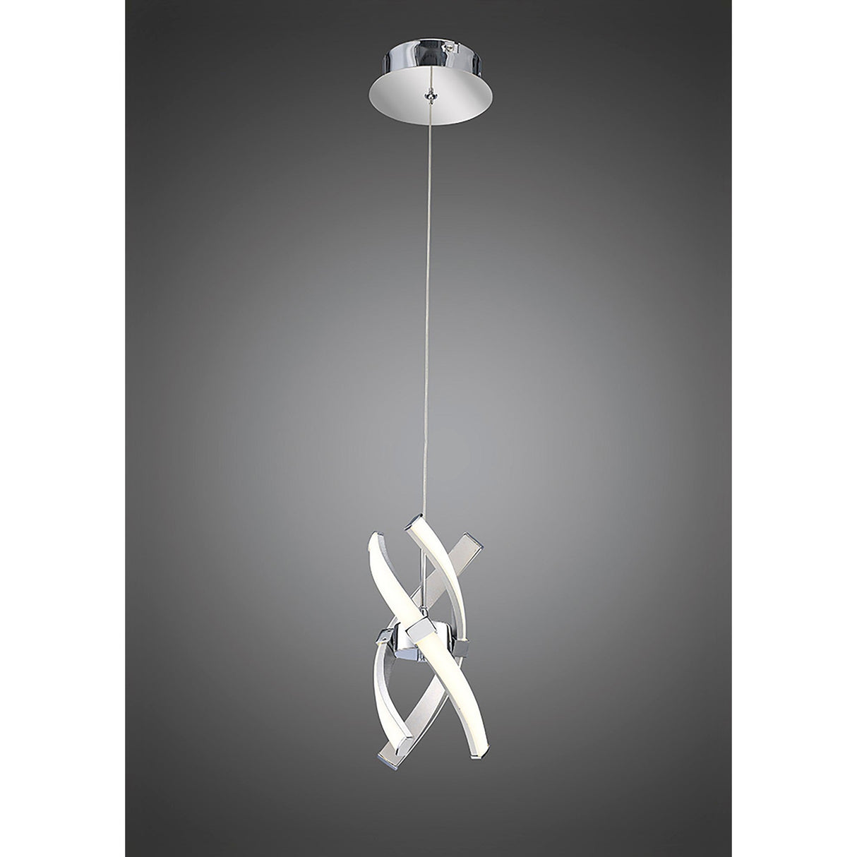 Mantra Espirales LED pendant light with a spiralling silver and polished chrome frame around a frosted white diffuser, suspended on a slim cable.