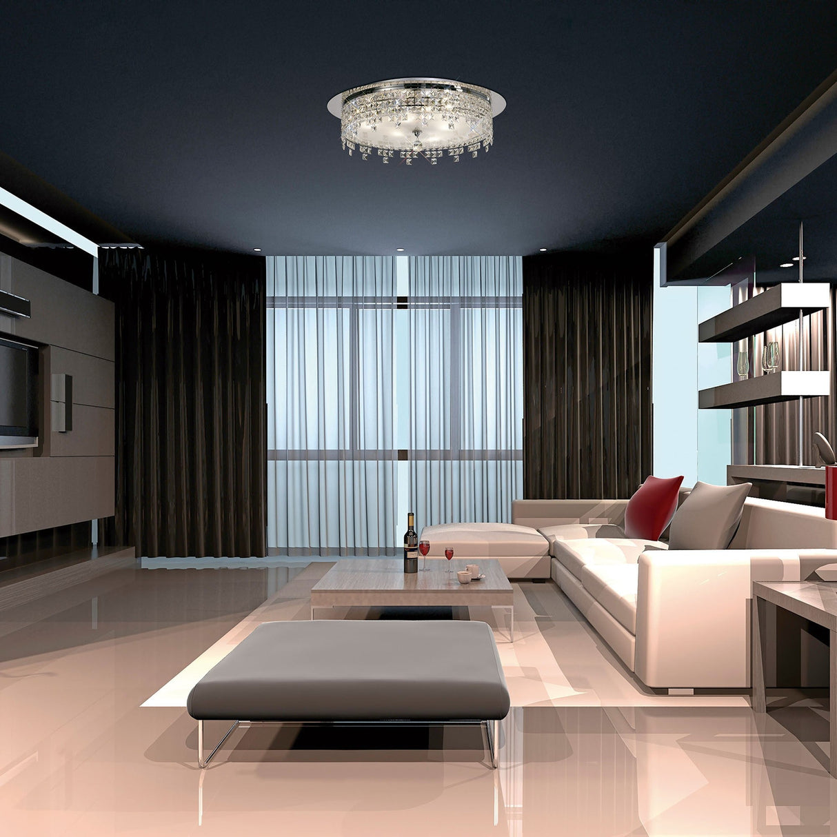 Esta 4 Light Round Glass Crystal Flush Ceiling Light - Polished Chrome