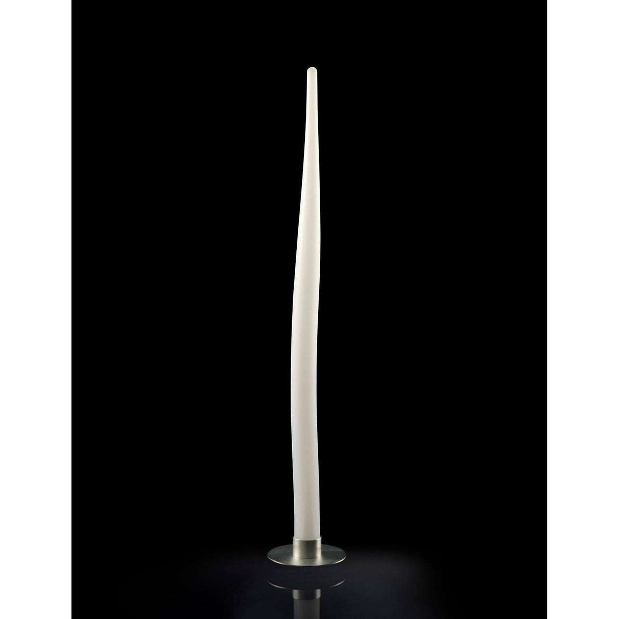 The Estalacta 1 Light Small Floor Lamp in Silver & Opal White features a tall, slender design with a smooth, tapering form on a round metallic base, making it an elegant and eye-catching modern accent light.