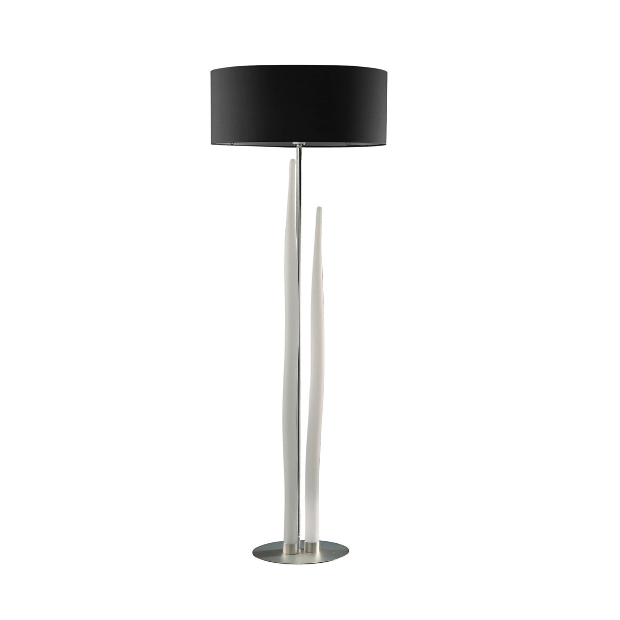The Estalacta 3 Light Floor Lamp features a metallic silver base, two sculpted white rods, and a round black lampshade. A striking statement piece for modern interiors, shown against a plain white background.