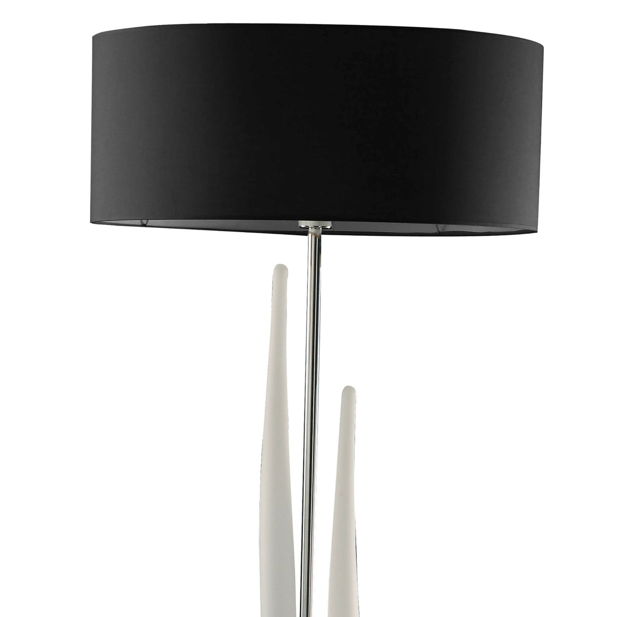 The Estalacta 3 Light Floor Lamp features a sleek silver stand, two sculptural accents, and a large black cylindrical shade—ideal as a statement piece for modern interiors.