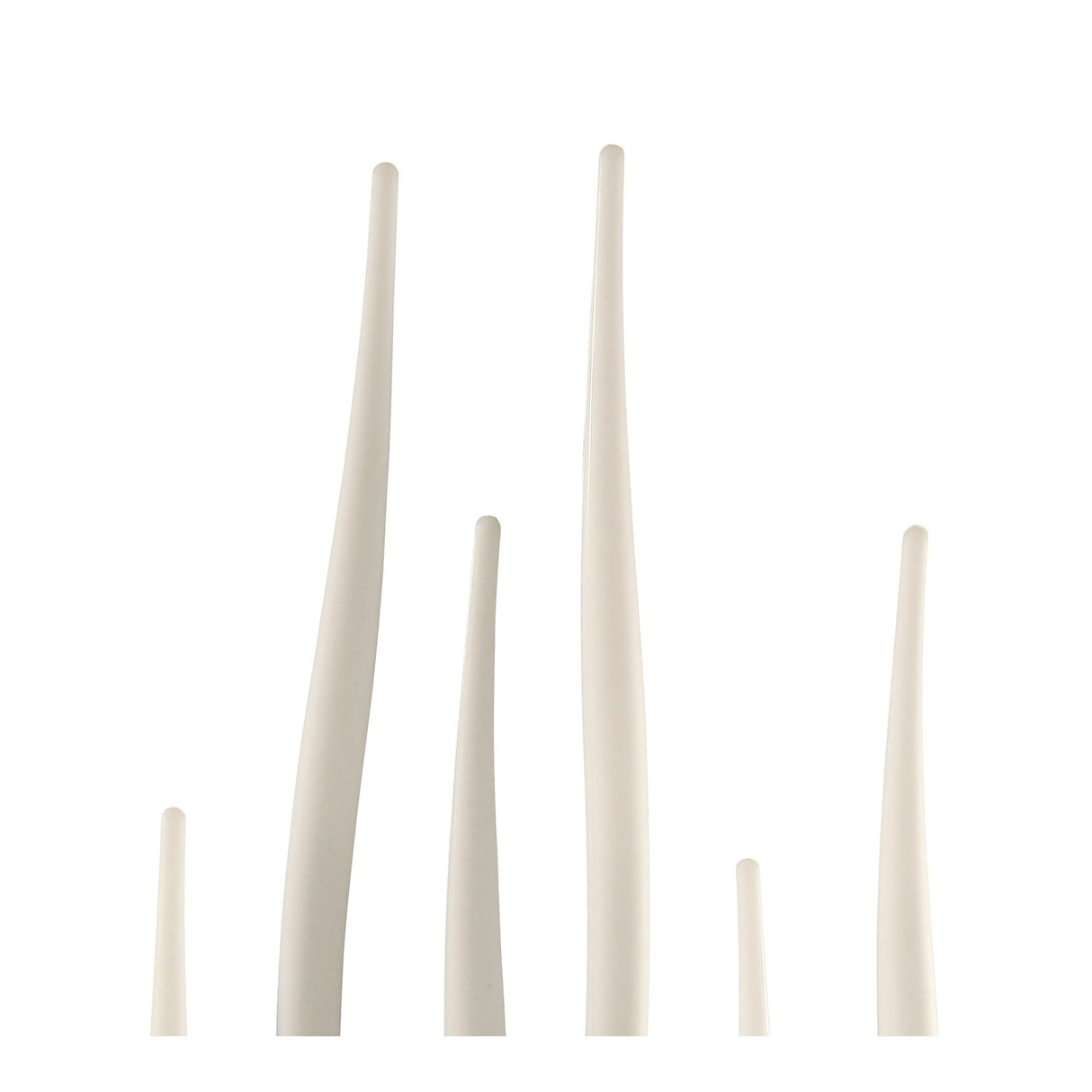 Six slim, elongated rods of varying heights in silver and opal white form the Estalacta 6 Light Floor Lamp, standing against a plain white background and evoking minimalist sculptural lighting.