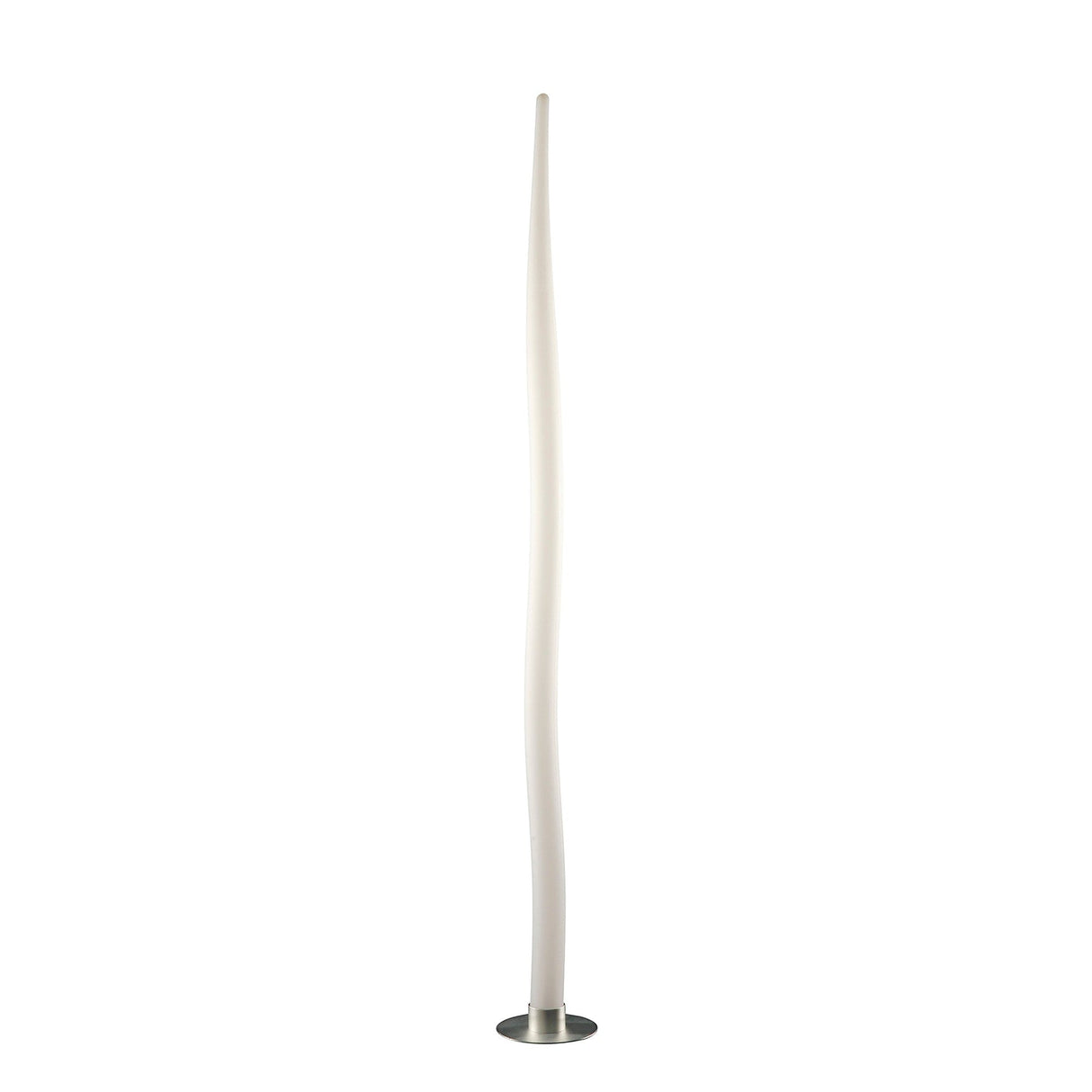 The Estalacta 1 Light Large Outdoor Floor Lamp in Silver & Opal White features a tall, modern design with a curved vertical body and rounded metallic base—ideal for adding sculptural elegance to any garden or outdoor space.