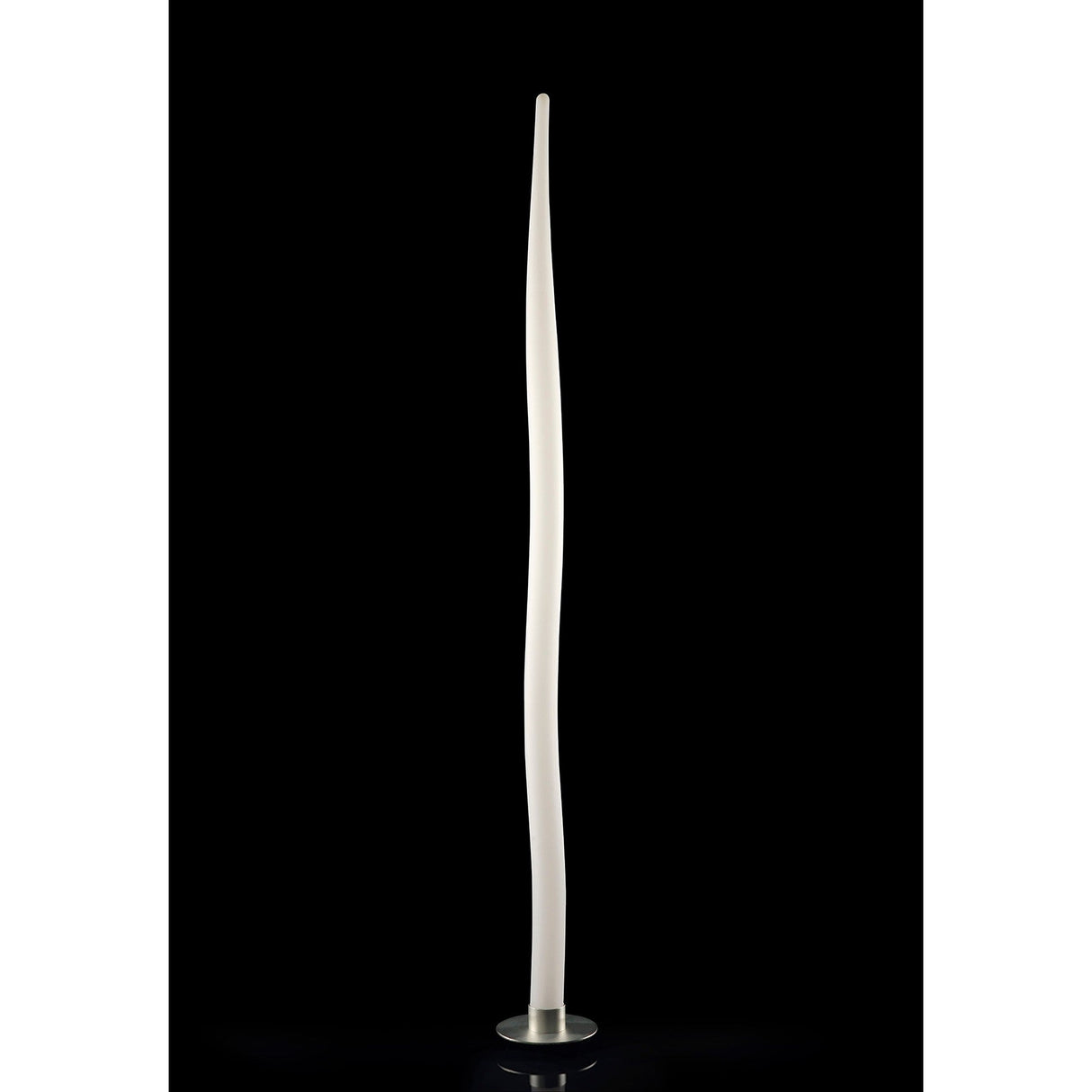 The Estalacta 1 Light Large Outdoor Floor Lamp in silver and opal white stands vertically on a round, clear base, its tall and slender sculptural form gently curved against a solid black background.