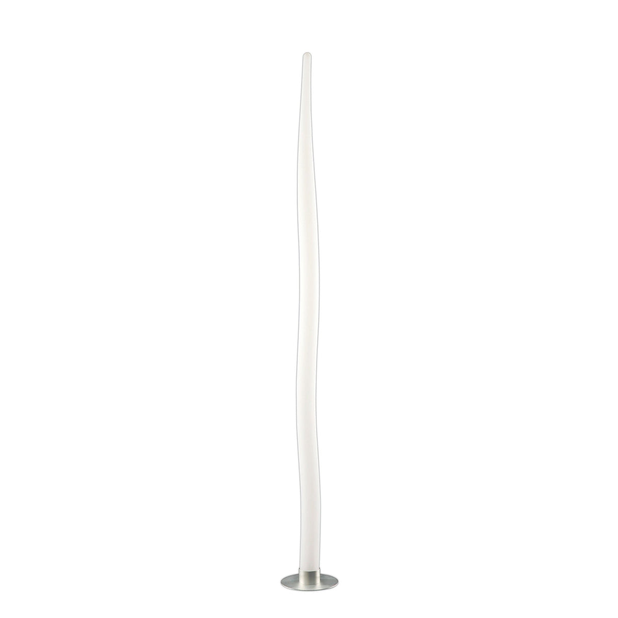 The Estalacta 1 Light Large Outdoor Floor Lamp features a tall, modern curved opal white body with a round silver base, shown against a plain white background.