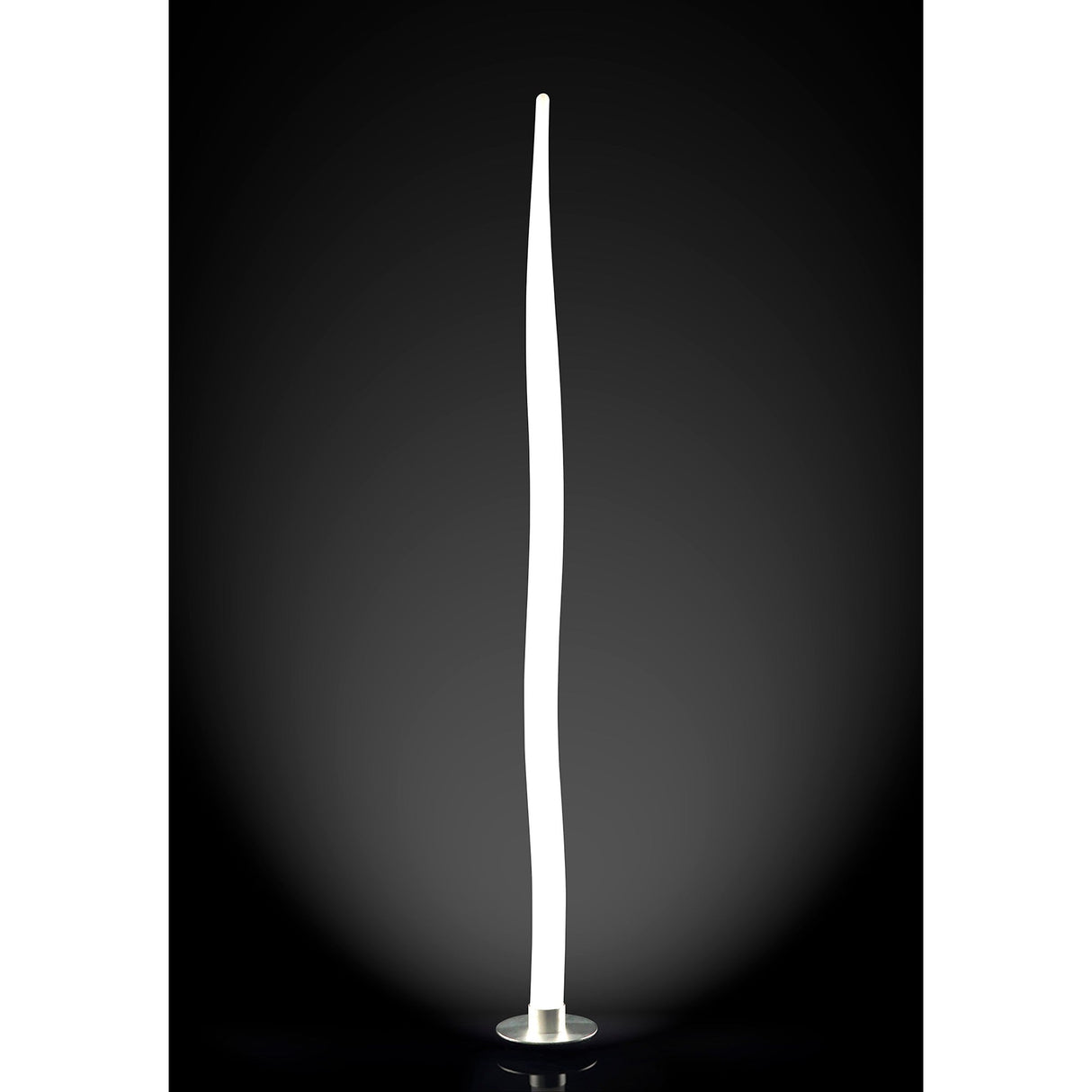 The Estalacta 1 Light Large Outdoor Floor Lamp in Silver & Opal White features a tall, modern design with a gently twisting light tube and round base—perfect as a striking sculptural lamp for contemporary outdoor spaces.