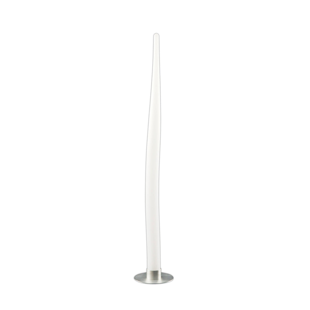 The Estalacta 1 Light Small Outdoor Floor Lamp in silver and opal white features a modern, slender polyethylene design on a round metallic base—ideal for stylish ambient lighting indoors or outdoors.