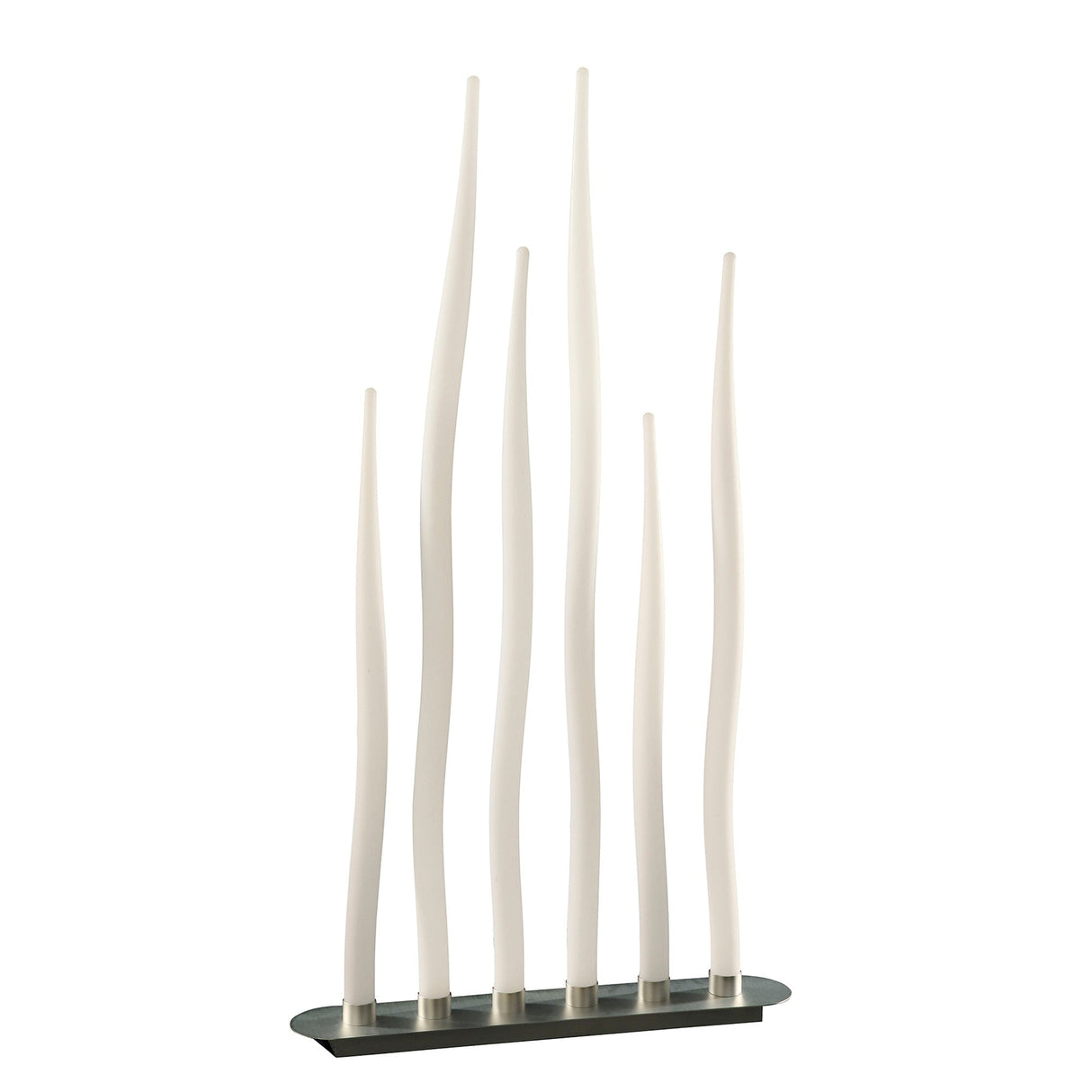 The Estalacta 6 Light Outdoor Floor Lamp in Silver & Opal White features seven tall, curved rods on a black base, resembling abstract reeds—ideal as a modern decorative sculpture and unique contemporary outdoor lighting.