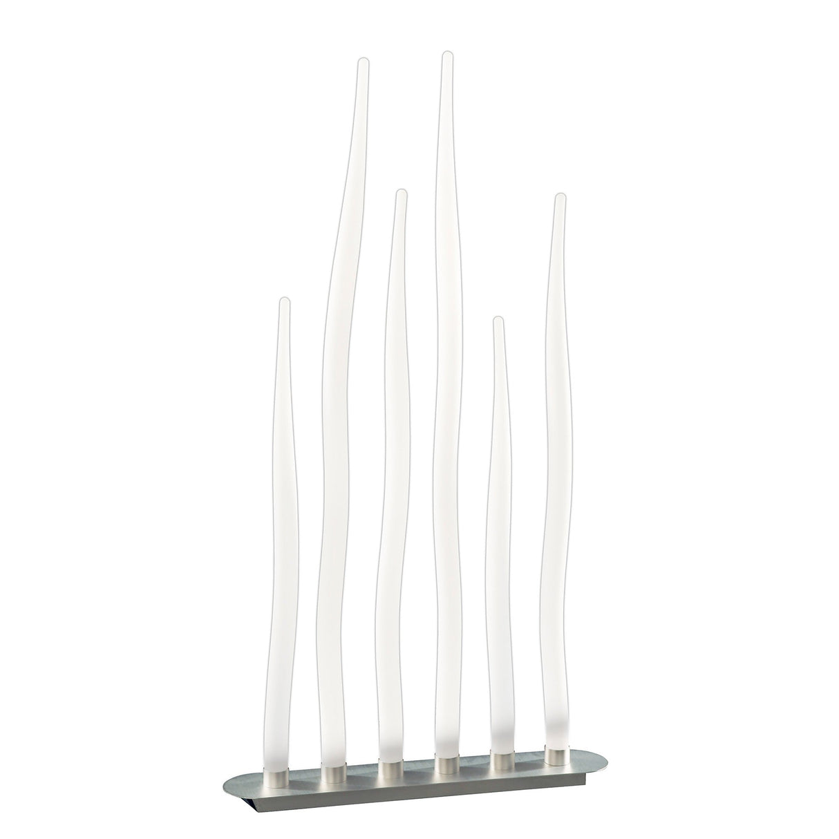 The Estalacta 6 Light Outdoor Floor Lamp in silver and opal white features six tall, curved light tubes on an oval metallic base—an ideal modern choice for stylish contemporary outdoor lighting.