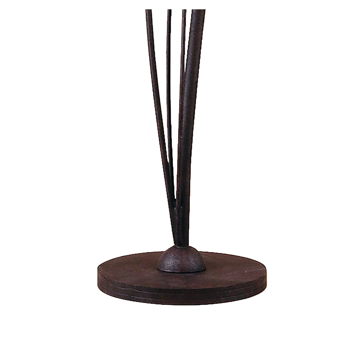 A close-up of the Estilo 2 Light Floor Lamp in Brown & Black Oxide shows its dark metal base with slim vertical rods rising from a round, flat platform against a plain white background.