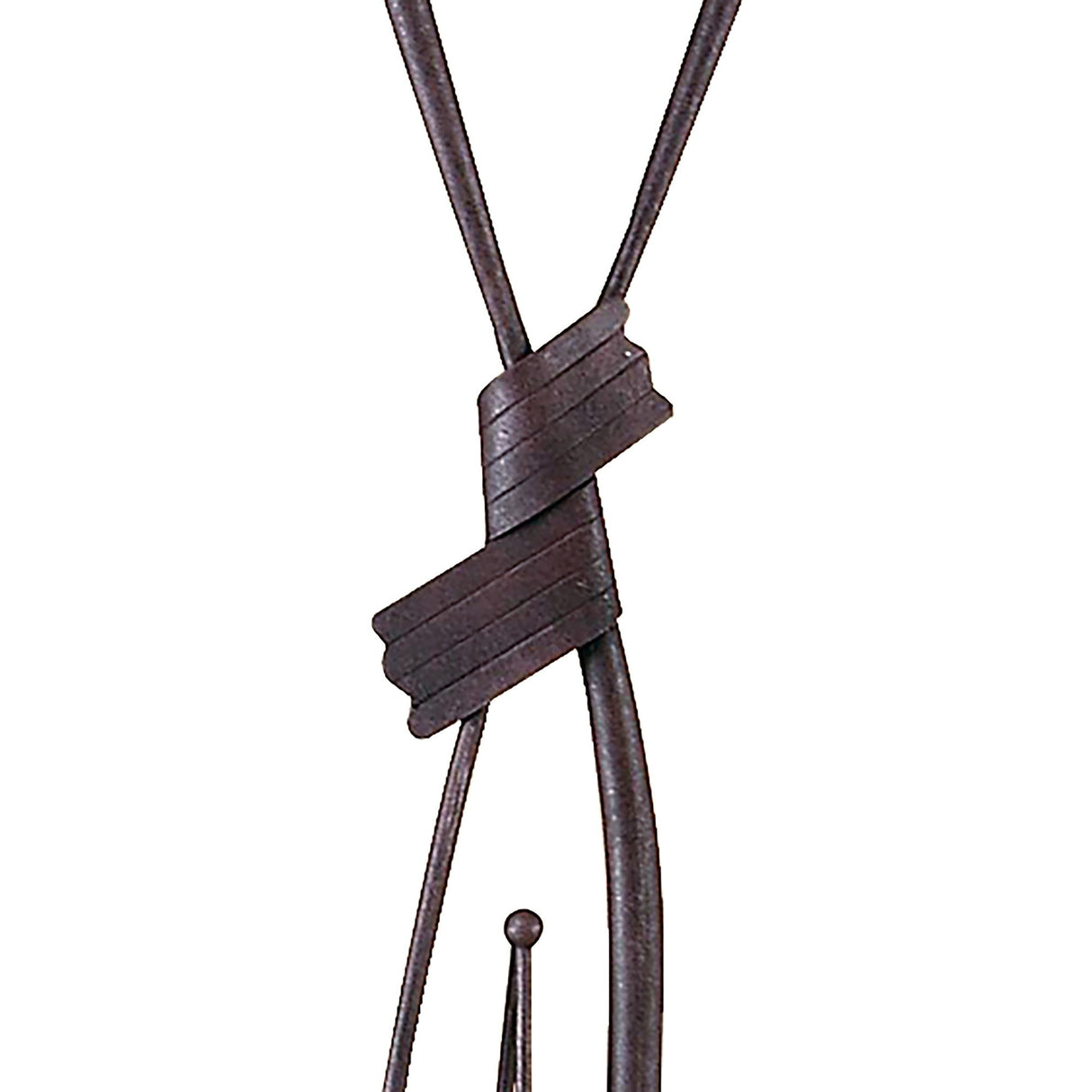 Close-up of the Estilo 2 Light Floor Lamp in Brown & Black Oxide, featuring two dark metal rods twisted in a knot-like, minimalist design with a smooth, curved base against a white background.