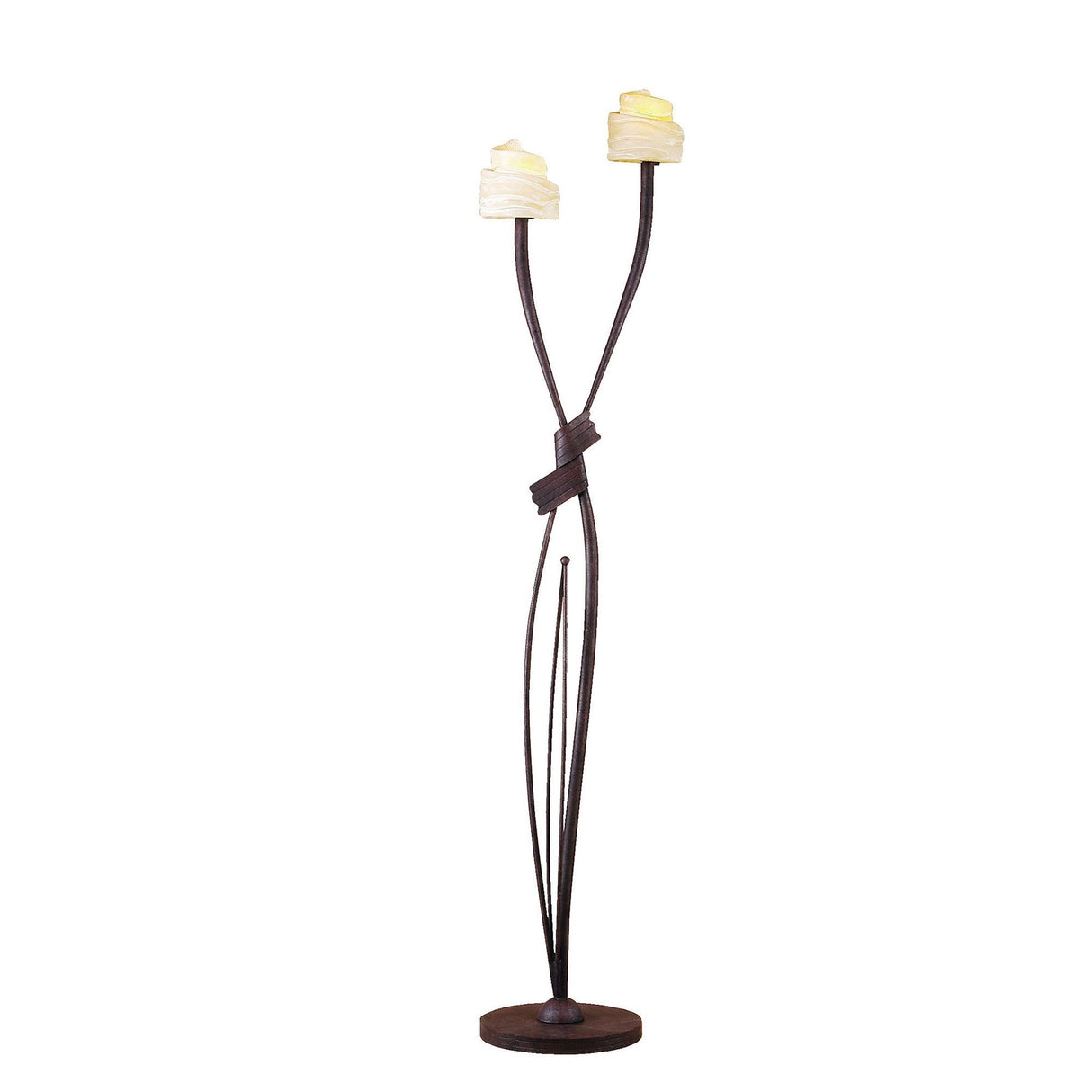 The Estilo 2 Light Floor Lamp in Brown & Black Oxide features a dark metal base and three curved stems, two with amber frosted glass shades resembling flower petals—ideal for soft ambient lighting.