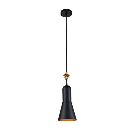 The Etoile 1 Light Medium Pendant - Matte Black showcases a contemporary matte black finish with a stylish conical shade suspended from a matching cord. It features an ornate star-shaped design near the top for added elegance. The light fixture is beautifully contrasted against a plain white background, emphasizing its sophisticated look.