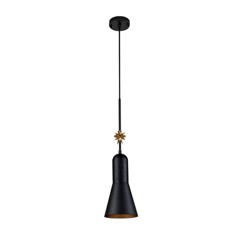 Discover the Etoile 1 Light Medium Pendant - Matte Black: a contemporary pendant light with a conical shade. It features an elegant star-shaped design in golden detail at the junction of the cord and shade, which stands out beautifully against its minimalist white backdrop.