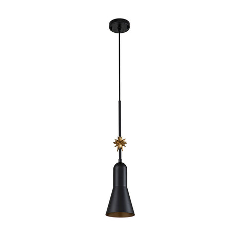 The Etoile 1 Light Small Pendant in matte black features a conical shade that makes it a standout modern lighting fixture. It's suspended from a thin black cord and includes an elegant gold starburst element near the top. A round, black ceiling attachment completes its sophisticated design with flair.