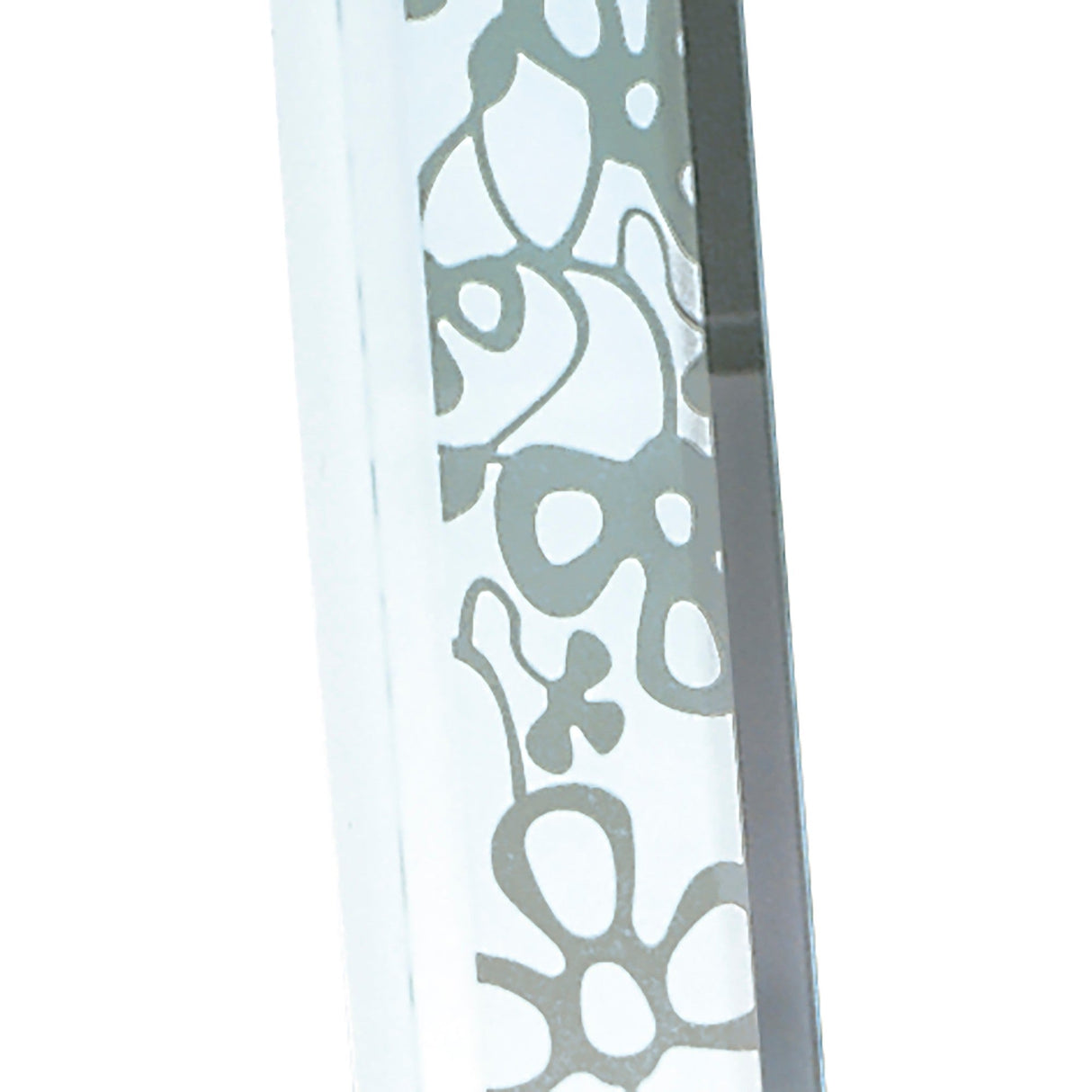 Close-up of a glass panel with a frosted floral pattern in light gray on transparent background—an elegant backdrop for the Euphoria 2 Light Floor Lamp - Chrome, enhancing its contemporary appeal.