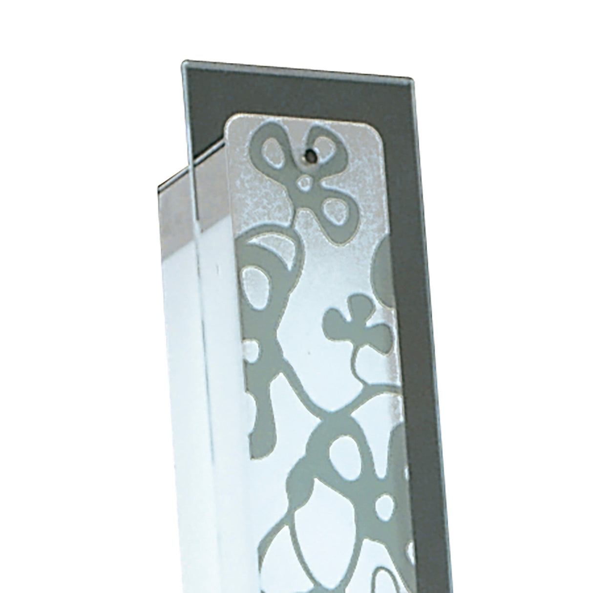 A close-up of the Euphoria 2 Light Floor Lamp - Chrome, a mirrored rectangular lamp adorned with light gray abstract floral etching, evoking sculptural elegance.