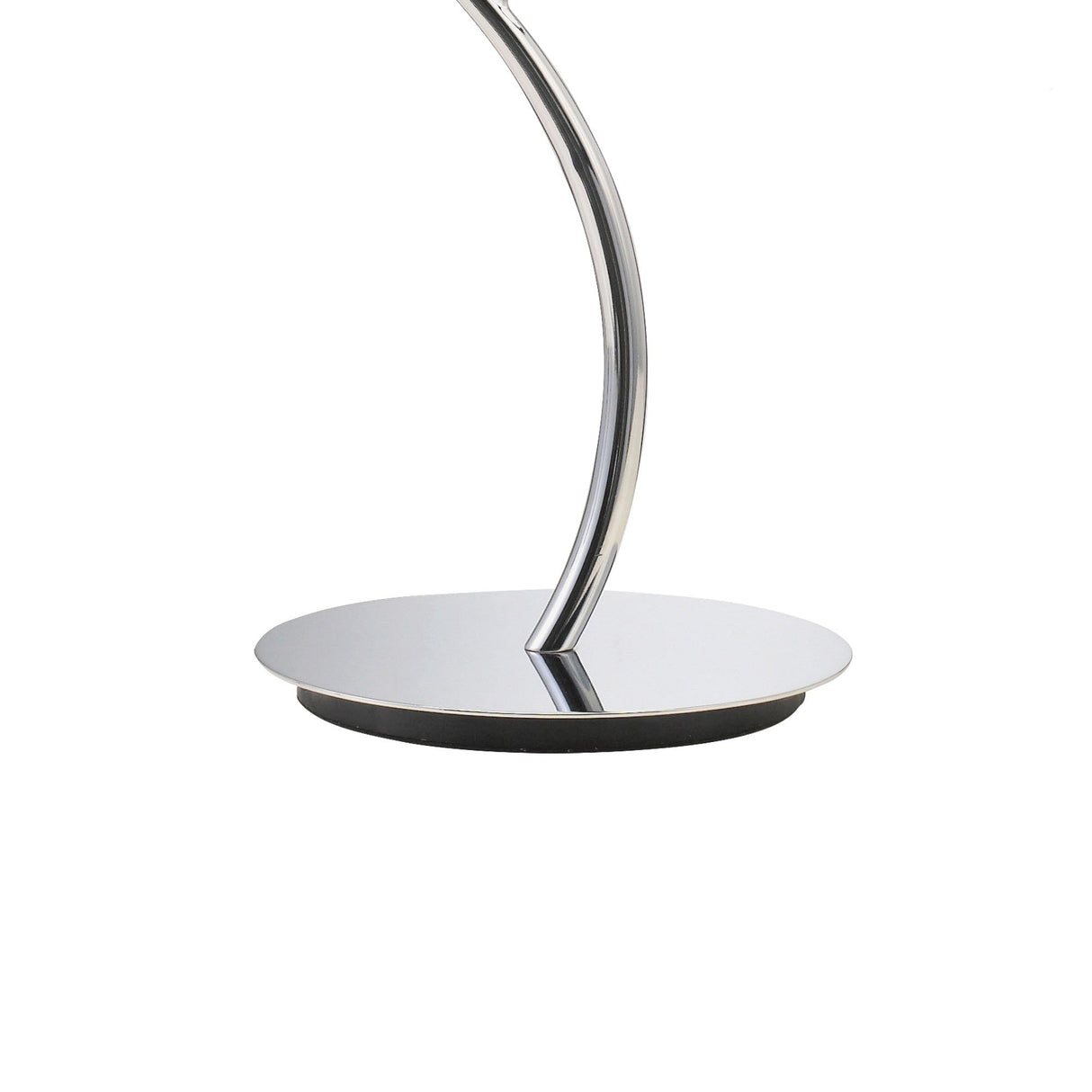 A close-up of the Eve 2 Light Table Lamp, featuring a polished chrome base with a round flat bottom, curved vertical support, and a white round shade, isolated on a white background.