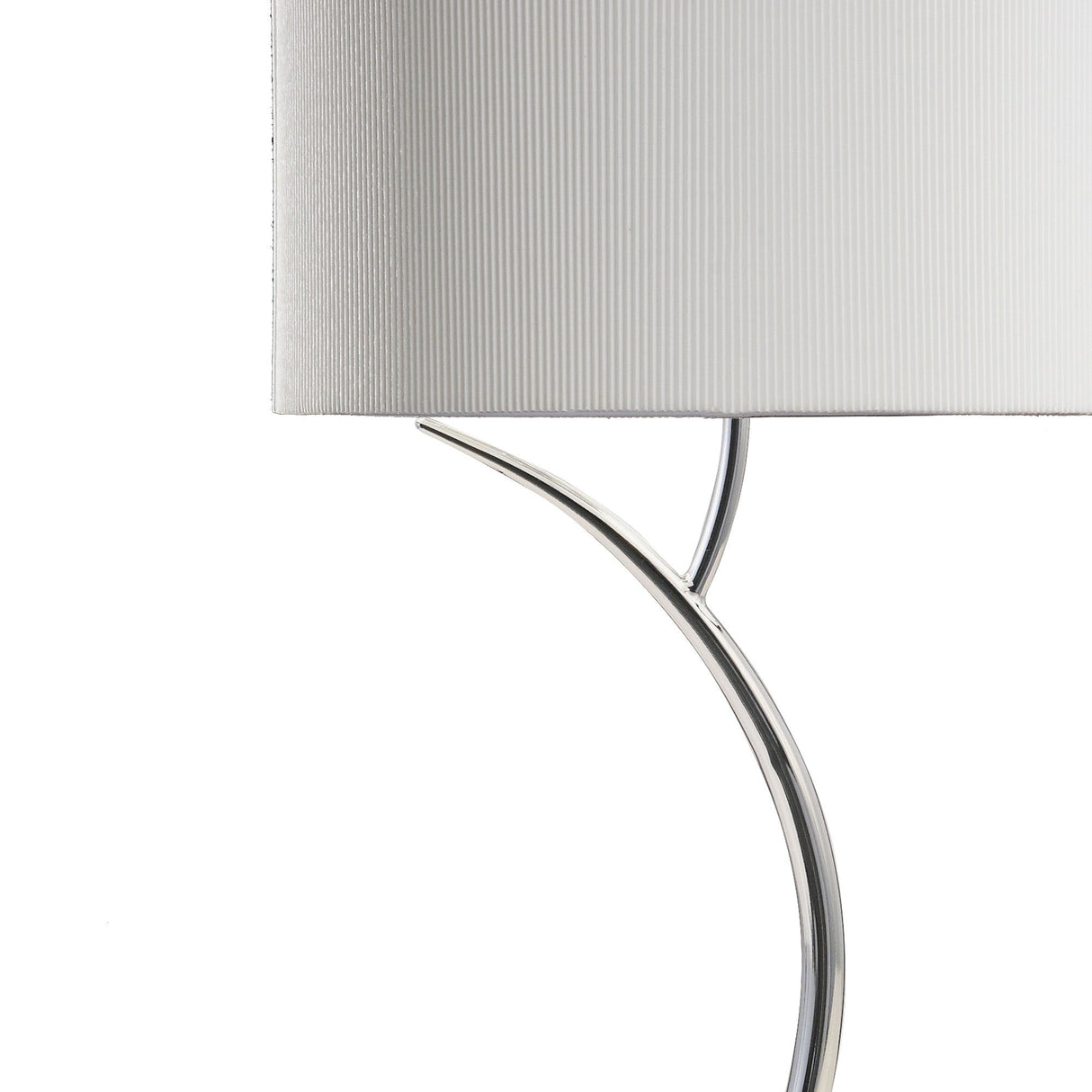 The Eve 2 Light Table Lamp features a polished chrome curved base and a white round textured shade. The photo showcases the elegant upper part of the lamp against a plain white background.