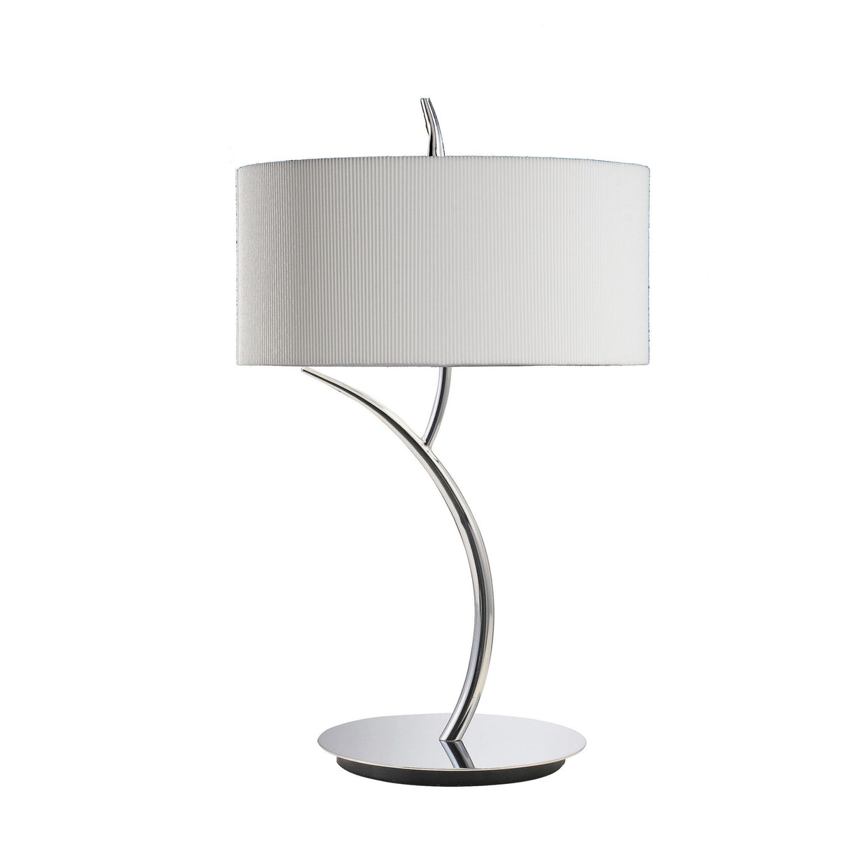 The Eve 2 Light Table Lamp features a curved, polished chrome base and a white round shade. Its sleek, reflective circular base adds modern elegance to any space.