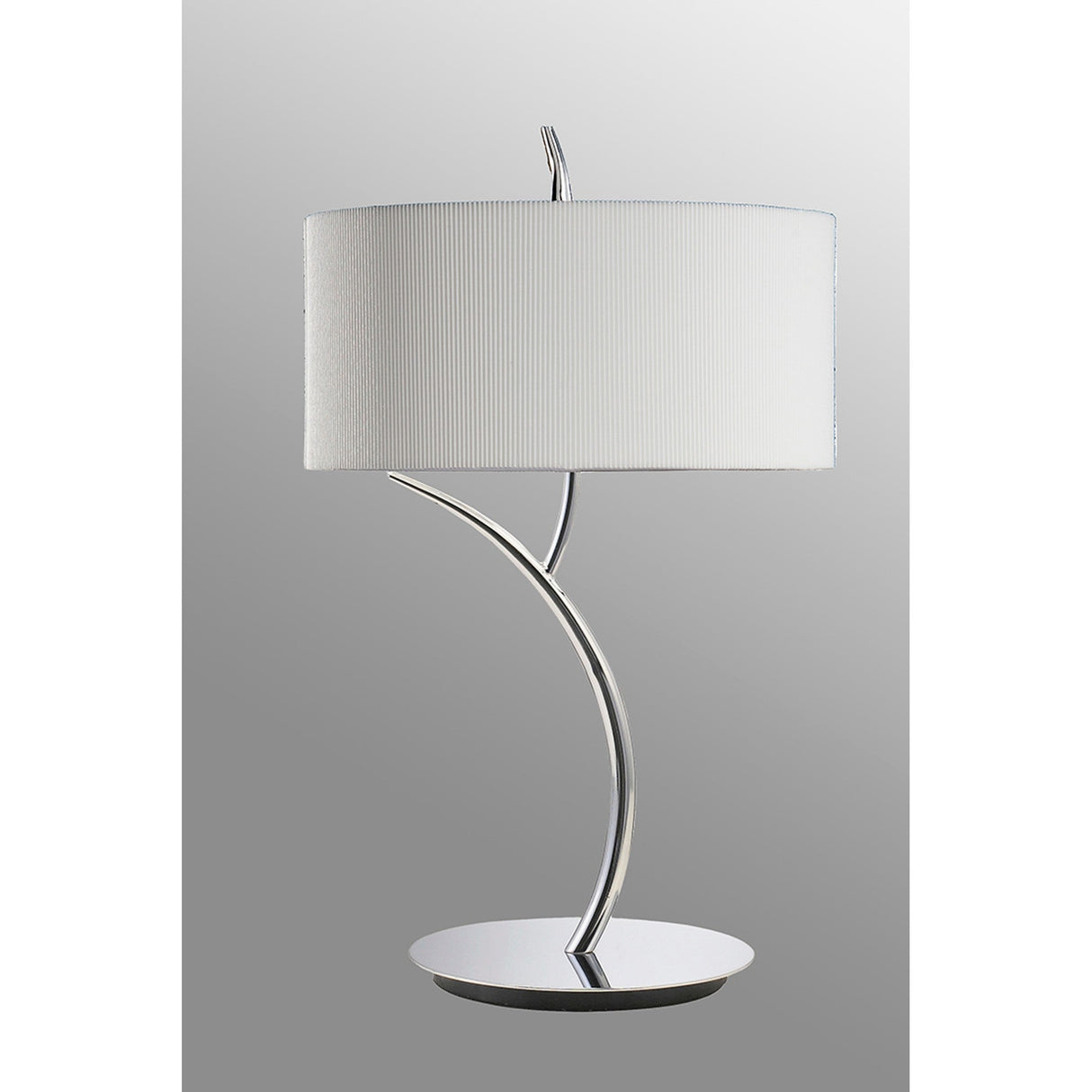The Eve 2 Light Table Lamp features a polished chrome base with a white round shade, creating a modern look against a plain light background.