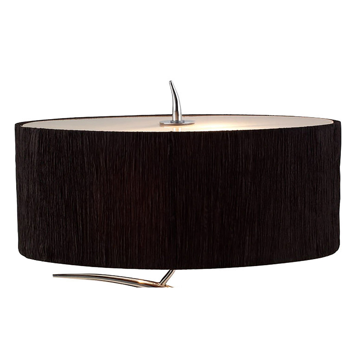 The Eve 2 Light Table Lamp features a polished chrome base and a large black oval shade, displayed against a white background.