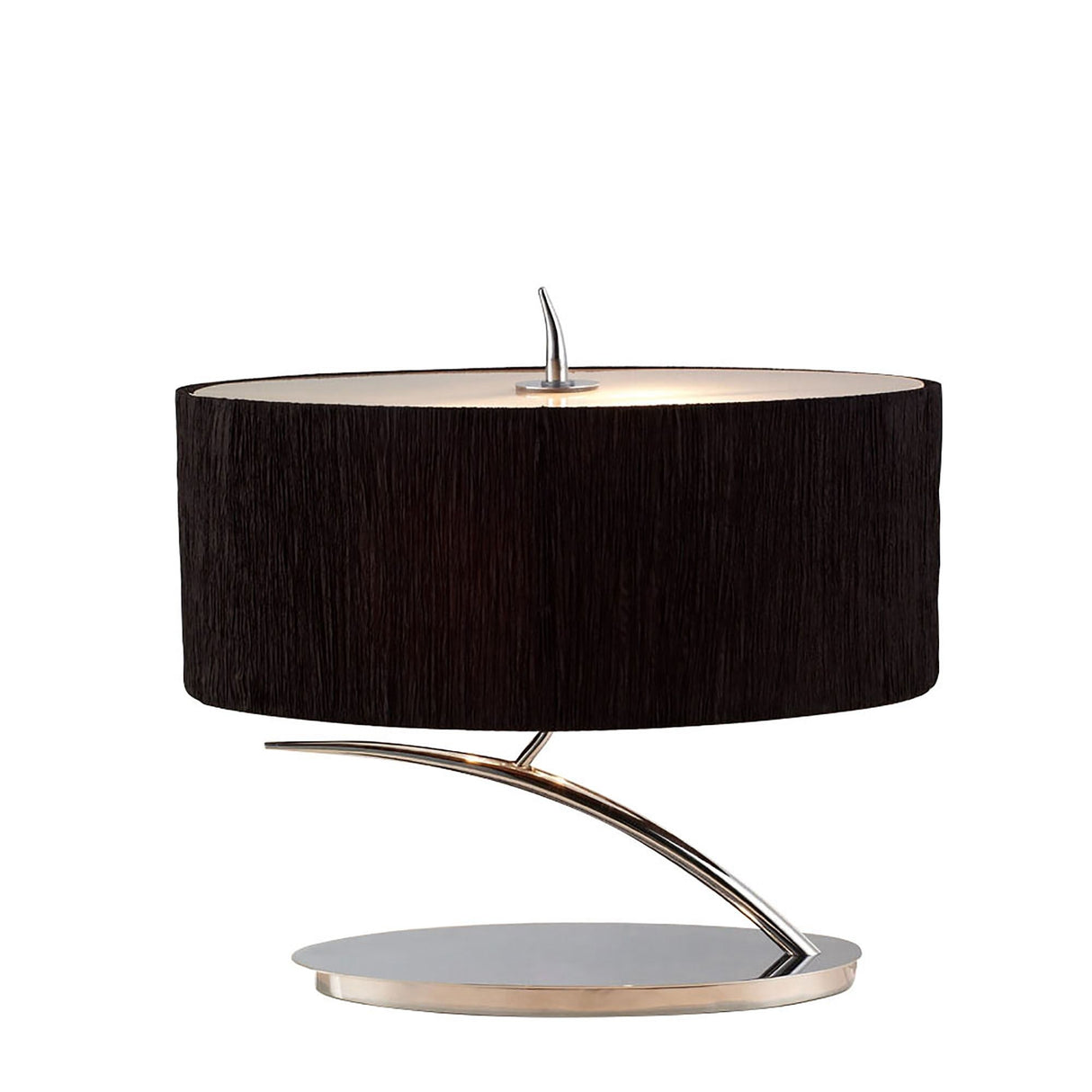 The Eve 2 Light Table Lamp features a polished chrome finish and a black oval shade, combining modern style with sleek design for any space.