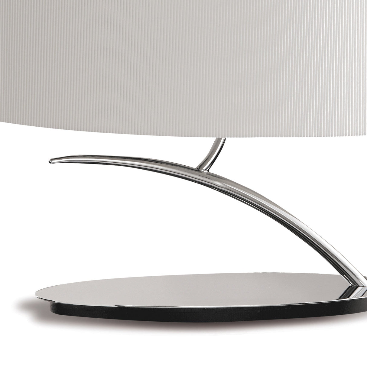 Close-up of the Eve 2 Light Table Lamp - Polished Chrome White Oval Shade, featuring a sleek curved chrome base and textured white oval shade—its minimalist design and shiny finish make it perfect for modern interiors.
