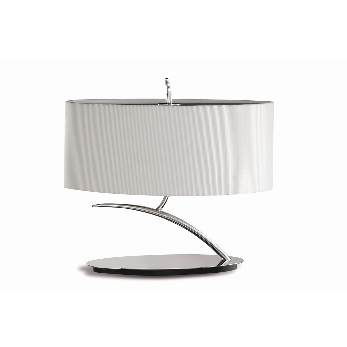 The Eve 2 Light Table Lamp features a curved polished chrome base and a large white oval shade, offering an elegant modern lighting solution against a plain white background.