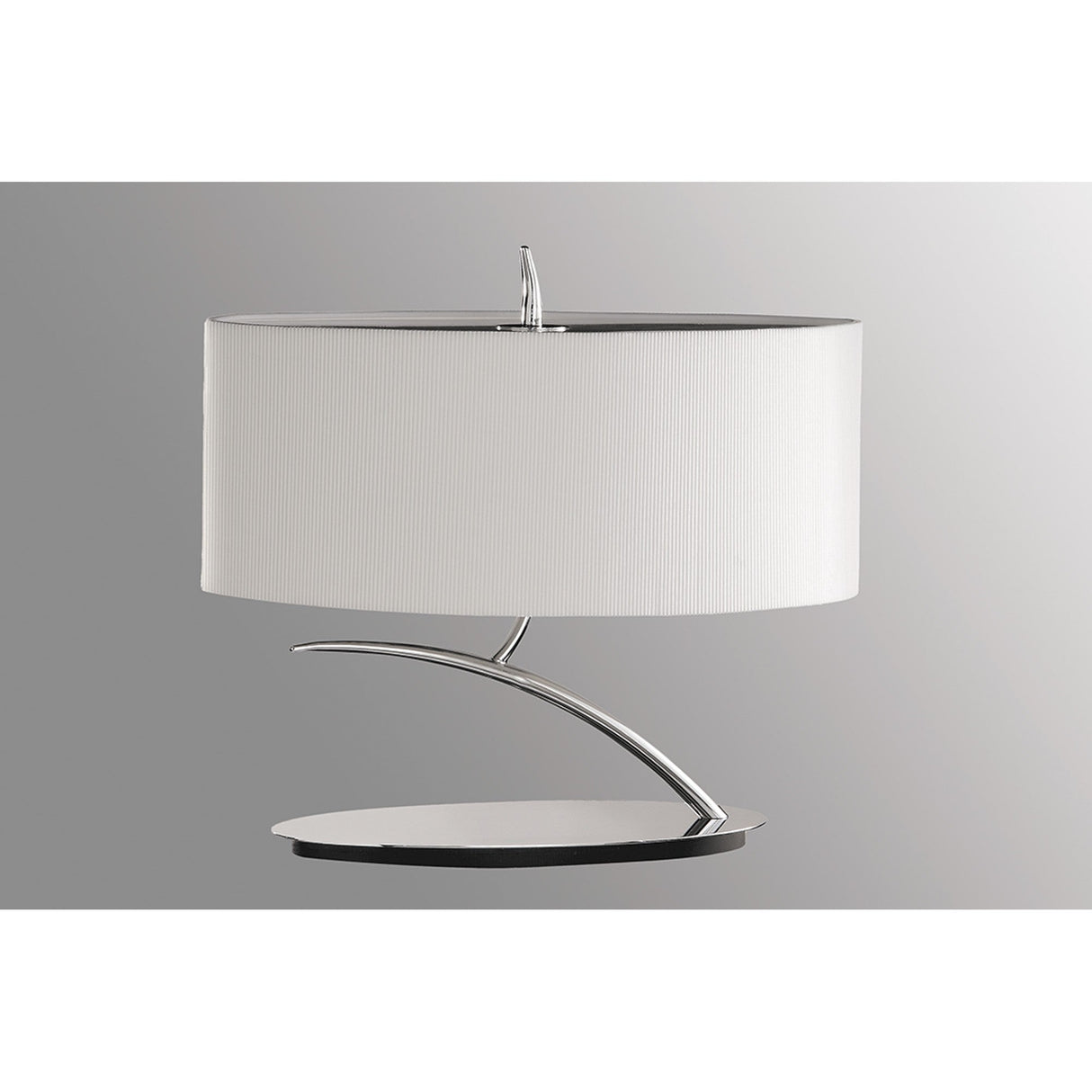 The Eve 2 Light Table Lamp features a polished chrome curved base and stand with a sleek white oval shade, set against a neutral gray background.