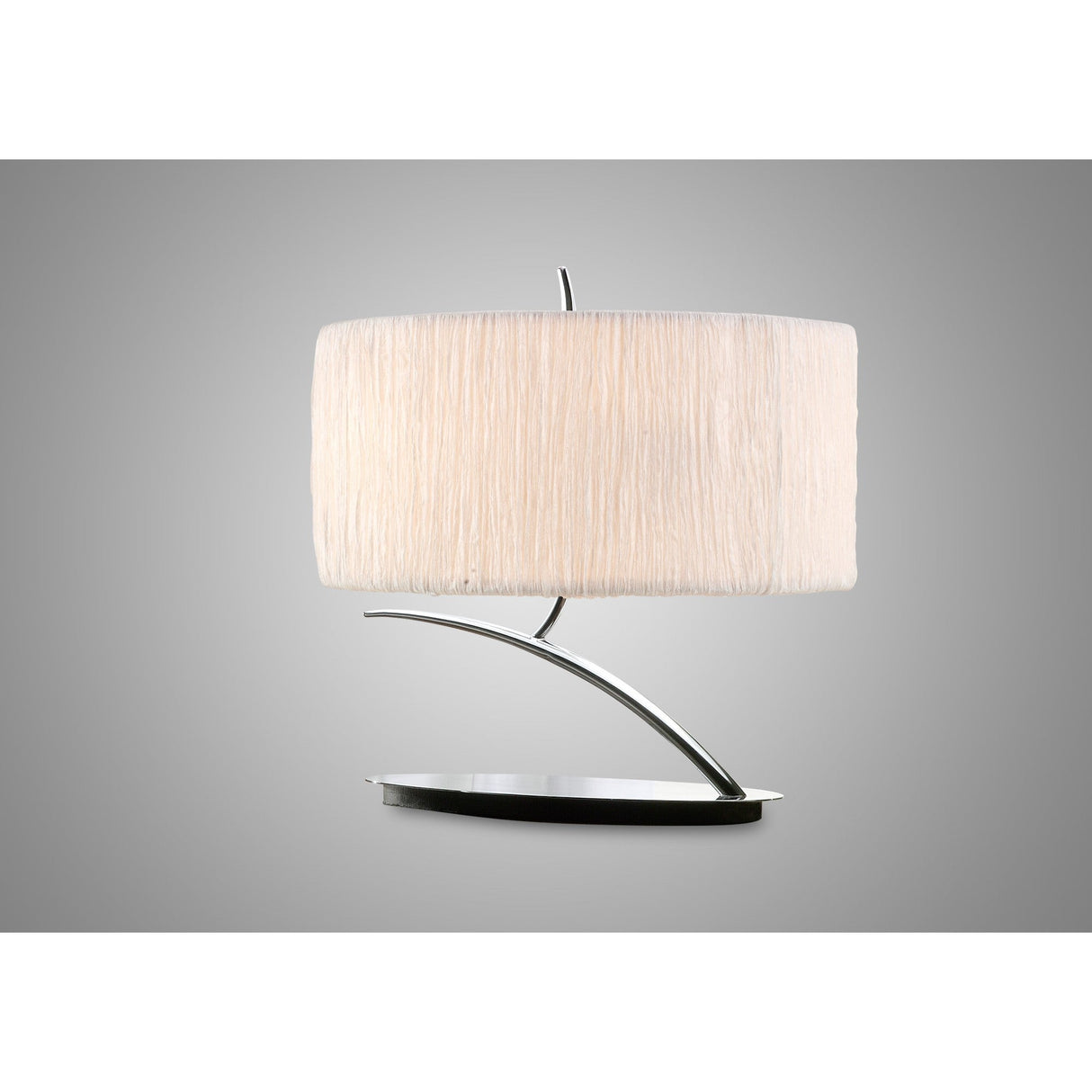 The Eve 2 Light Table Lamp features a sleek polished chrome base and a wide white oval shade, offering a refined contemporary accent—ideal for stylish modern spaces.