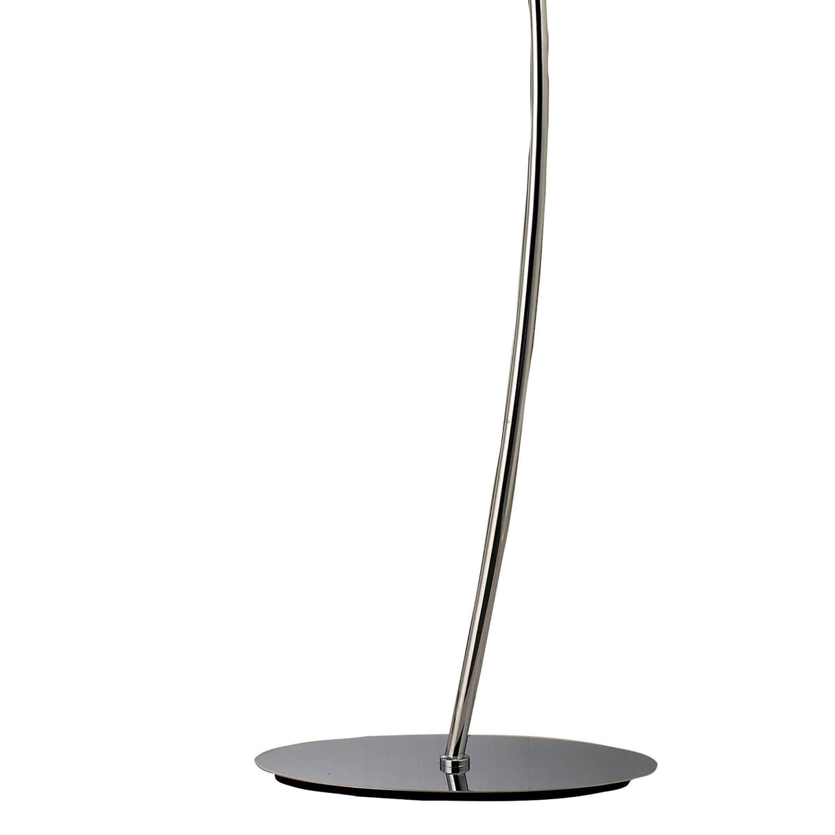 A close-up of the Eve 2 Light Floor Lamp shows its shiny, round chrome base and slender, slightly curved stand with a white oval shade—a sleek, modern lighting piece.
