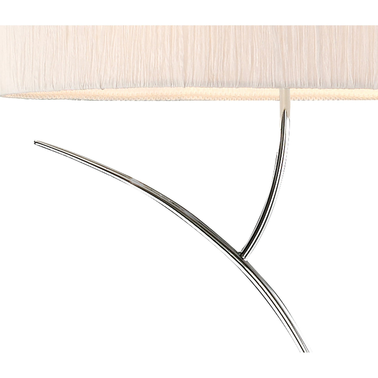 A close-up of the Eve 2 Light Floor Lamp shows its curved chrome stand and white oval shade, partially visible at the top, set against a plain white background.