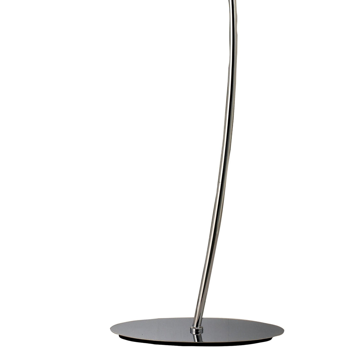 The Eve 2 Light Floor Lamp features a slender, slightly curved chrome pole on a shiny circular base, supporting a sleek black oval shade—an eye-catching addition to contemporary interiors.