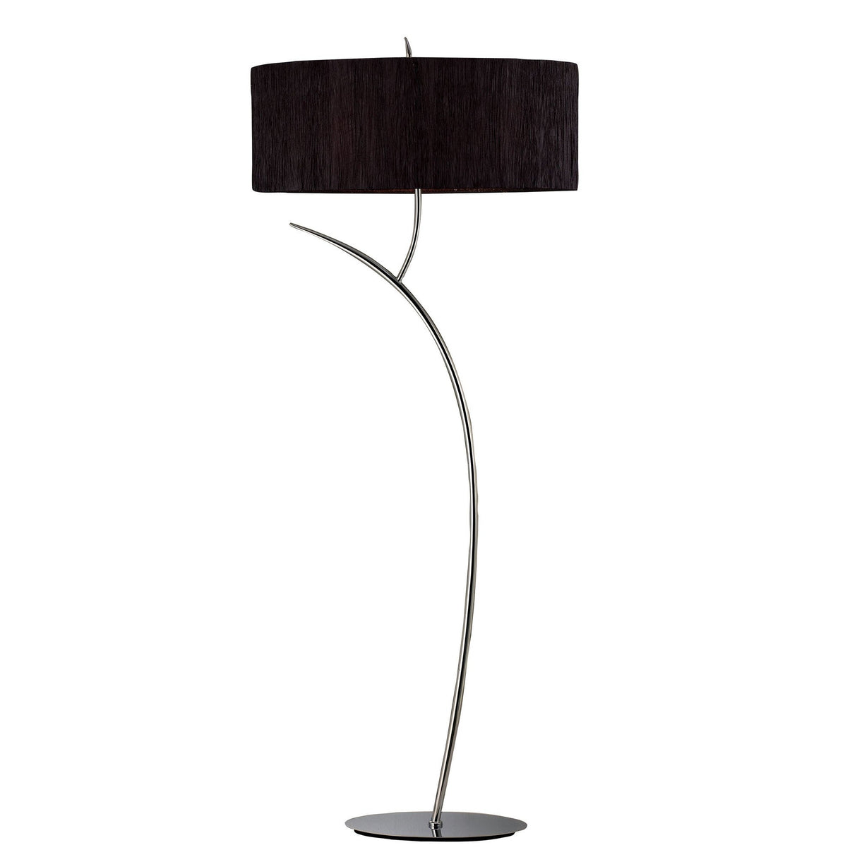The Eve 2 Light Floor Lamp features a modern chrome stand and a large black oval shade on a round base—ideal for stylish, contemporary lighting in any space.
