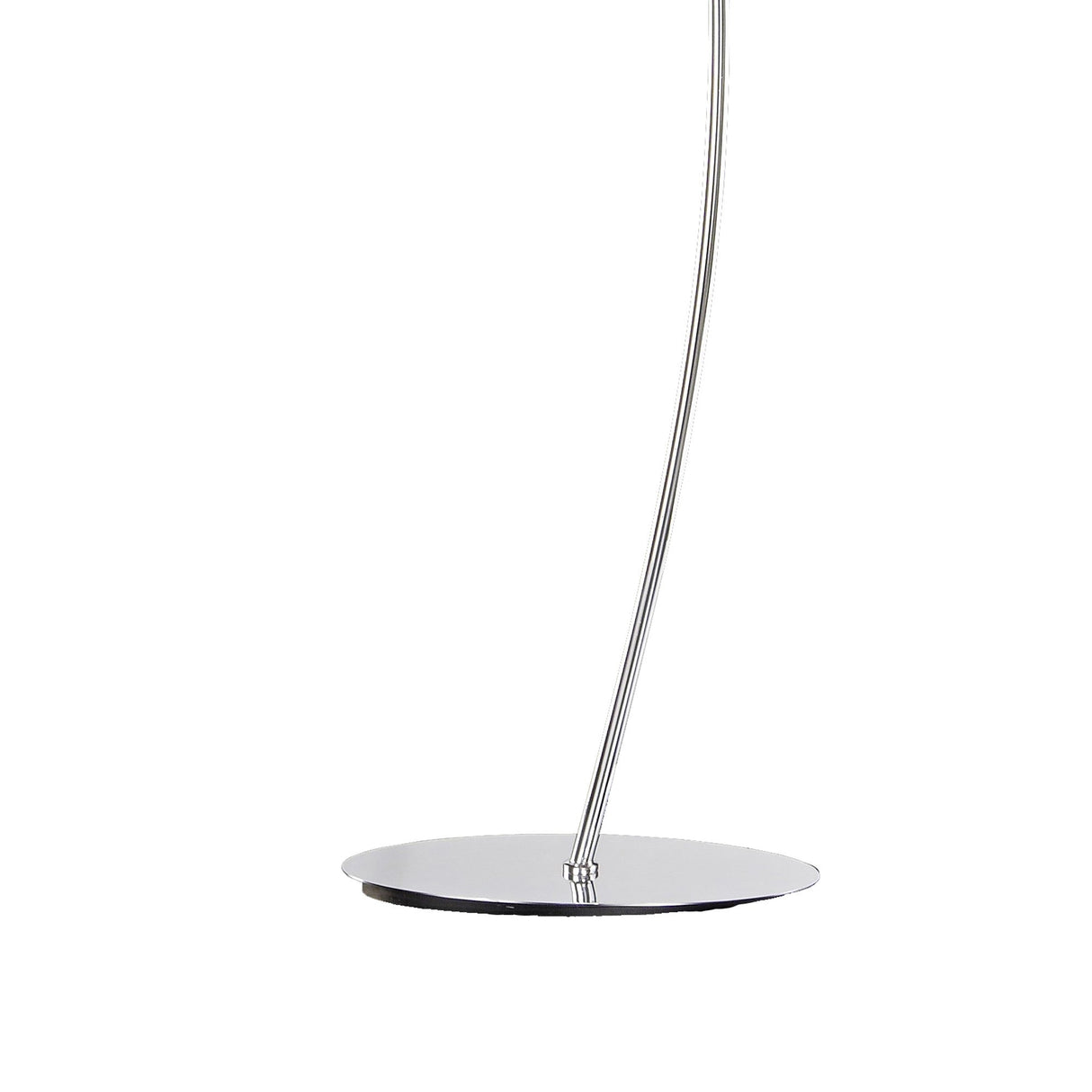 The Eve 2 Light Floor Lamp features a shiny, round chrome base with a slender curved metal pole, topped with a white oval shade, shown against a plain white background.