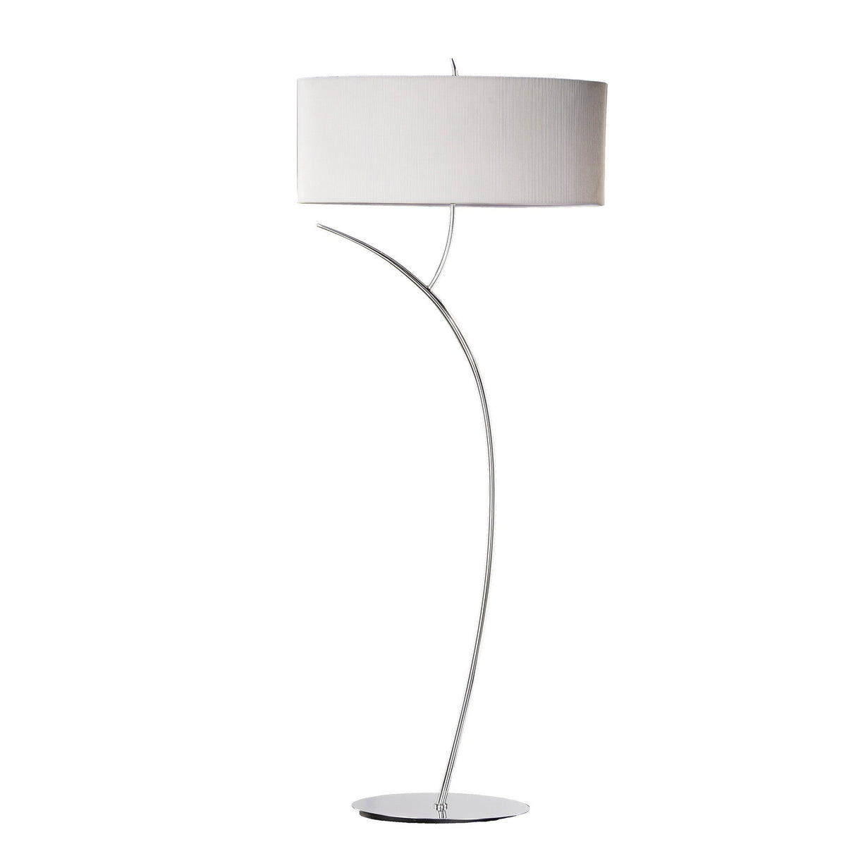 The Eve 2 Light Floor Lamp features a slim, curved chrome stand and a large oval white shade, set on a round flat base.