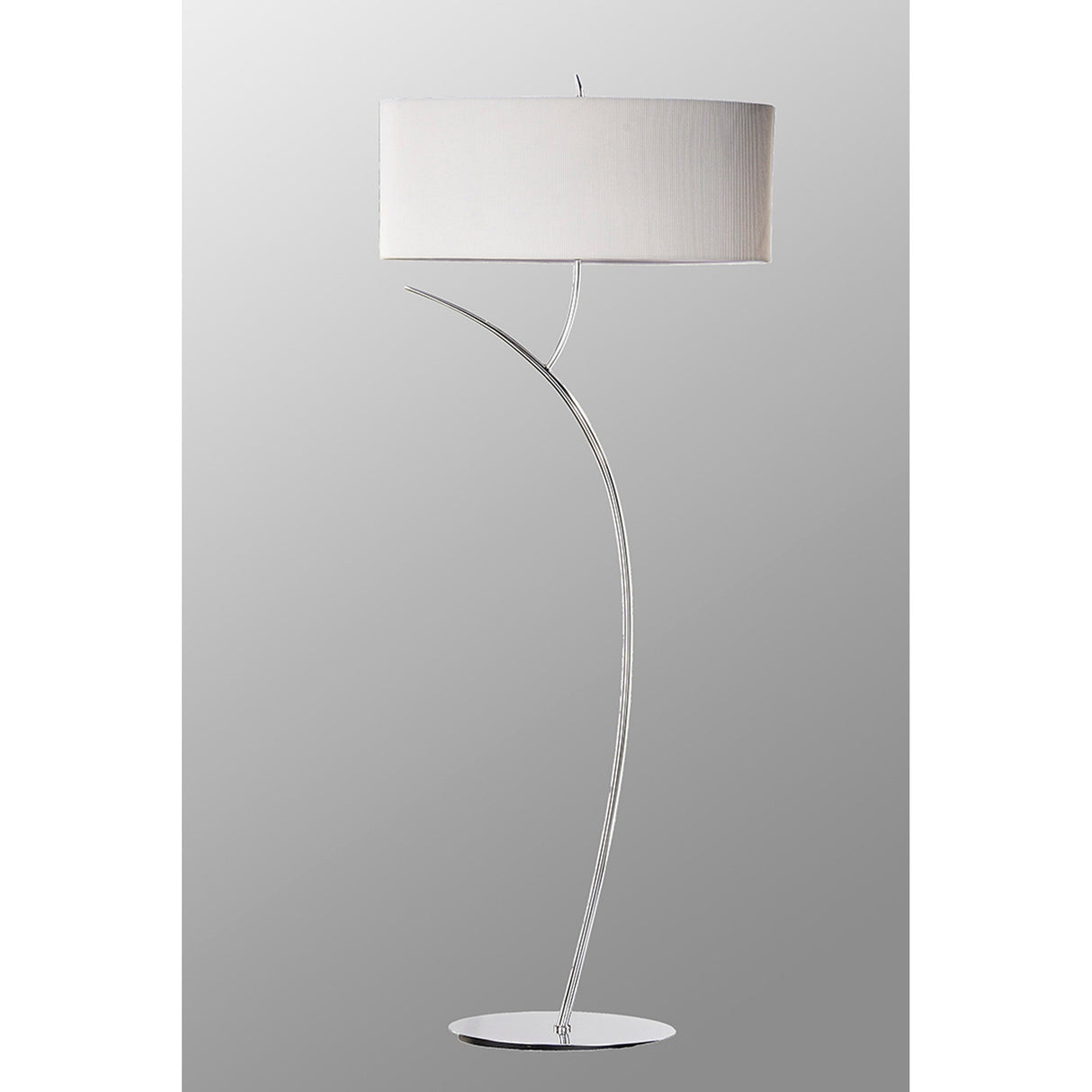 The Eve 2 Light Floor Lamp features a sleek curved chrome stand, round base, and a large white oval shade, standing out stylishly against a plain gradient background.