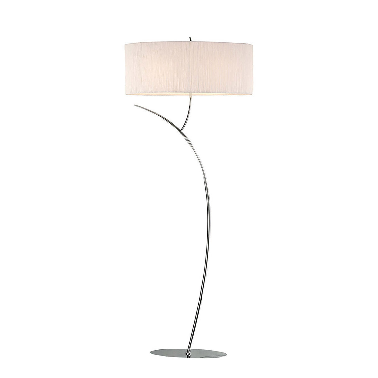 The Eve 2 Light Floor Lamp features a slender, curved chrome stand with a large white oval shade on a round base—ideal contemporary lighting for minimalist spaces.
