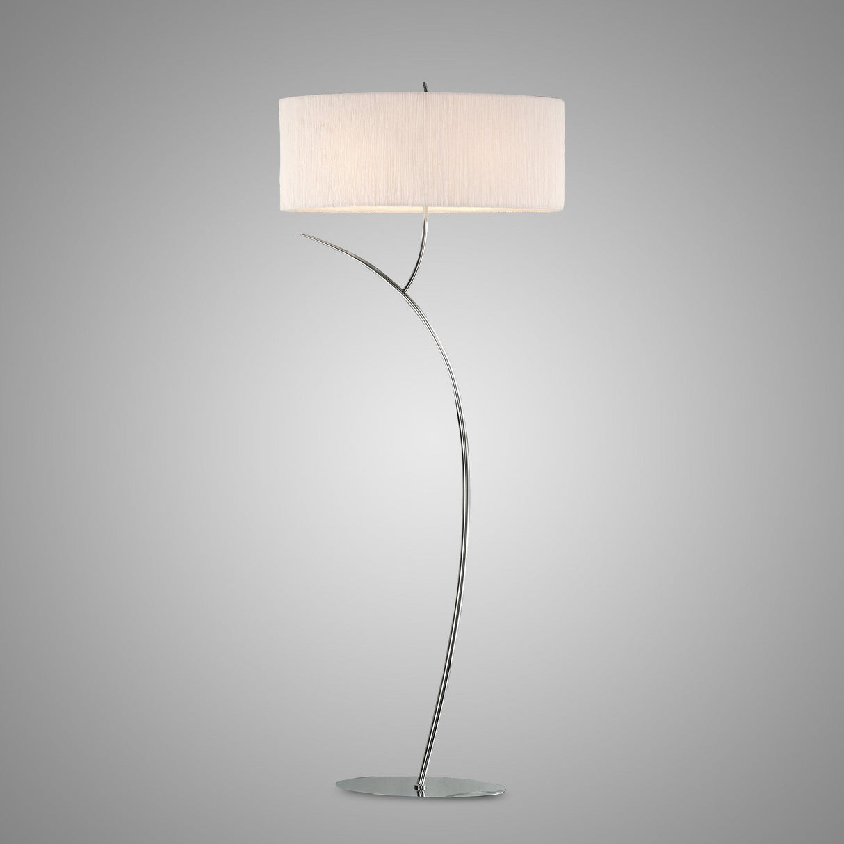 The Eve 2 Light Floor Lamp features a slim, curved chrome stand and a white oval shade, set against a plain gray background.
