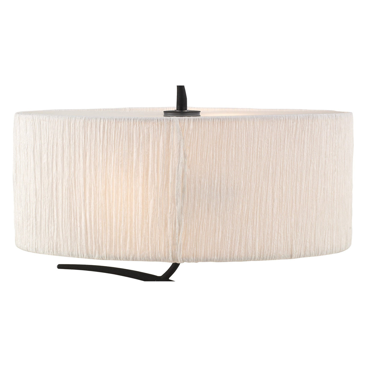 A modern ceiling lamp with a wide, cylindrical white fabric shade and black metal fixture complements the Eve 2 Light Table Lamp – Anthracite With White Oval Shade, creating a cohesive, textured look throughout your space.