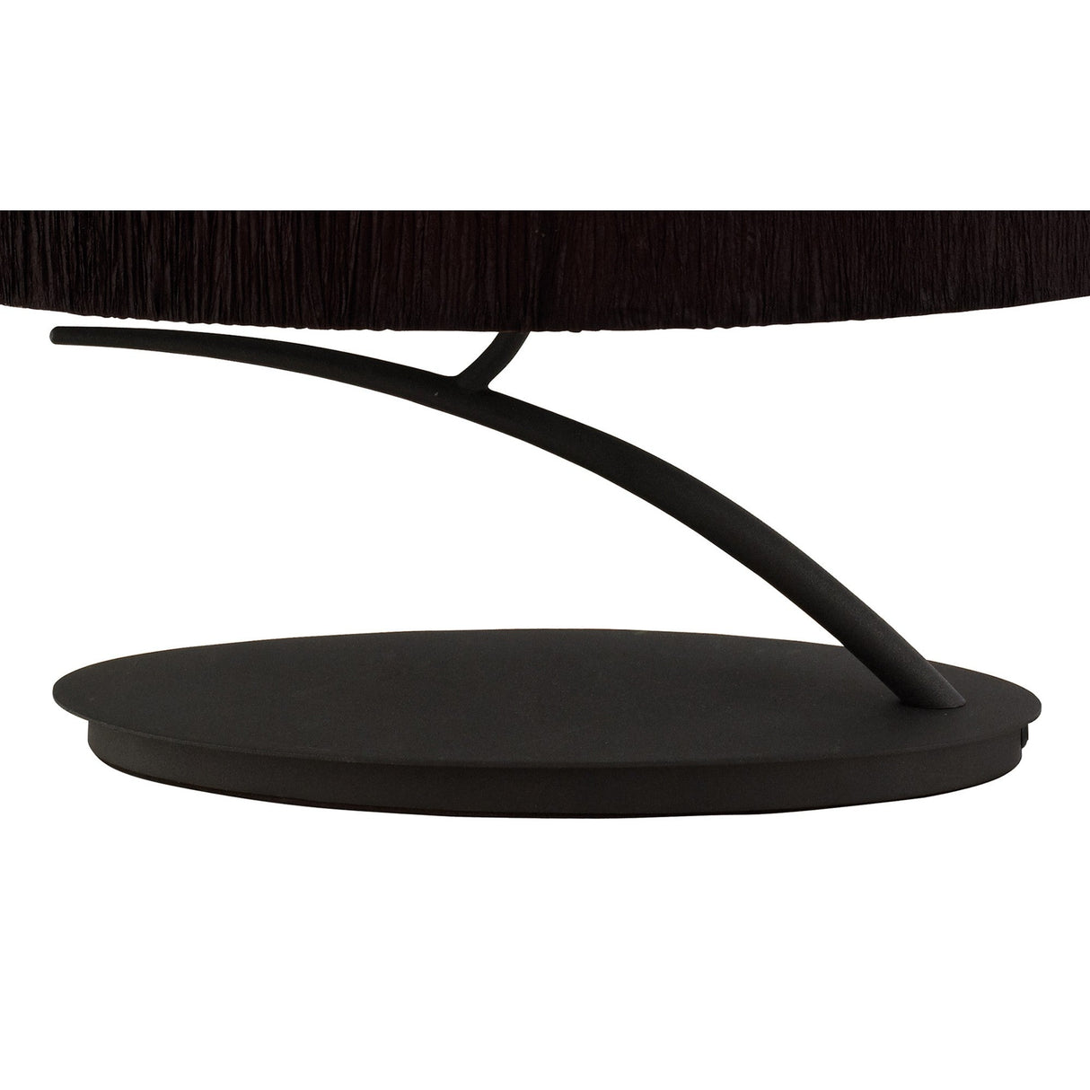 Close-up of the Eve 2 Light Table Lamp - Anthracite With Black Oval Shade, showing its round, flat base and curved arm supporting a black oval shade with fringe. The lamp’s minimalistic design adds contemporary elegance to any space.